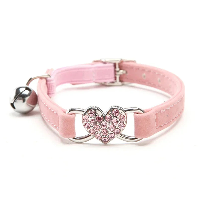 8 Colors Adjustable with Soft Velvet Material Pet Product Small Dog Collar Heart Charm and Bell Cat Collar Safety Elastic