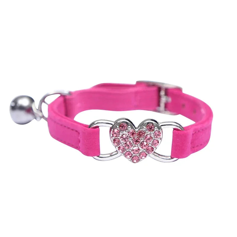 8 Colors Adjustable with Soft Velvet Material Pet Product Small Dog Collar Heart Charm and Bell Cat Collar Safety Elastic