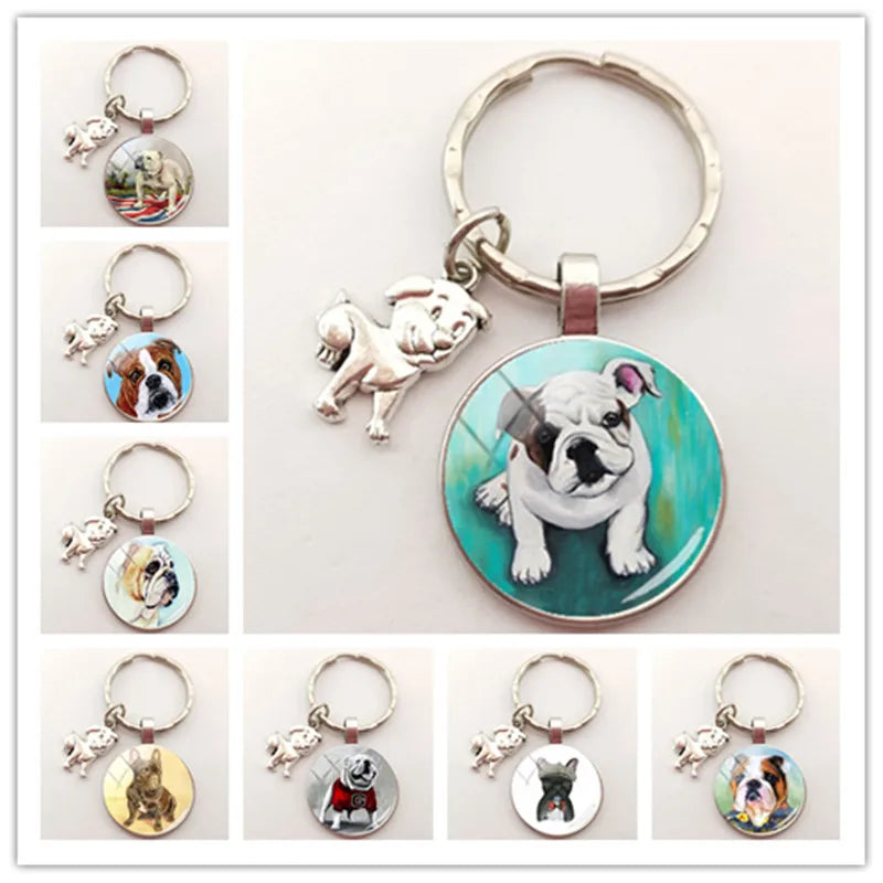 English Bulldog Keychain Charm, Handmade Craft Glass