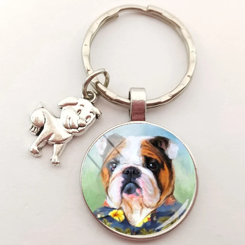 English Bulldog Keychain Charm, Handmade Craft Glass