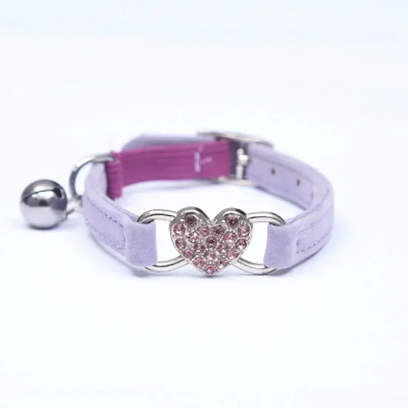 8 Colors Adjustable with Soft Velvet Material Pet Product Small Dog Collar Heart Charm and Bell Cat Collar Safety Elastic