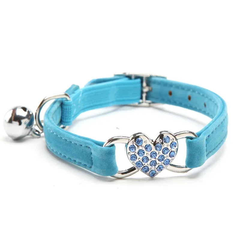 8 Colors Adjustable with Soft Velvet Material Pet Product Small Dog Collar Heart Charm and Bell Cat Collar Safety Elastic