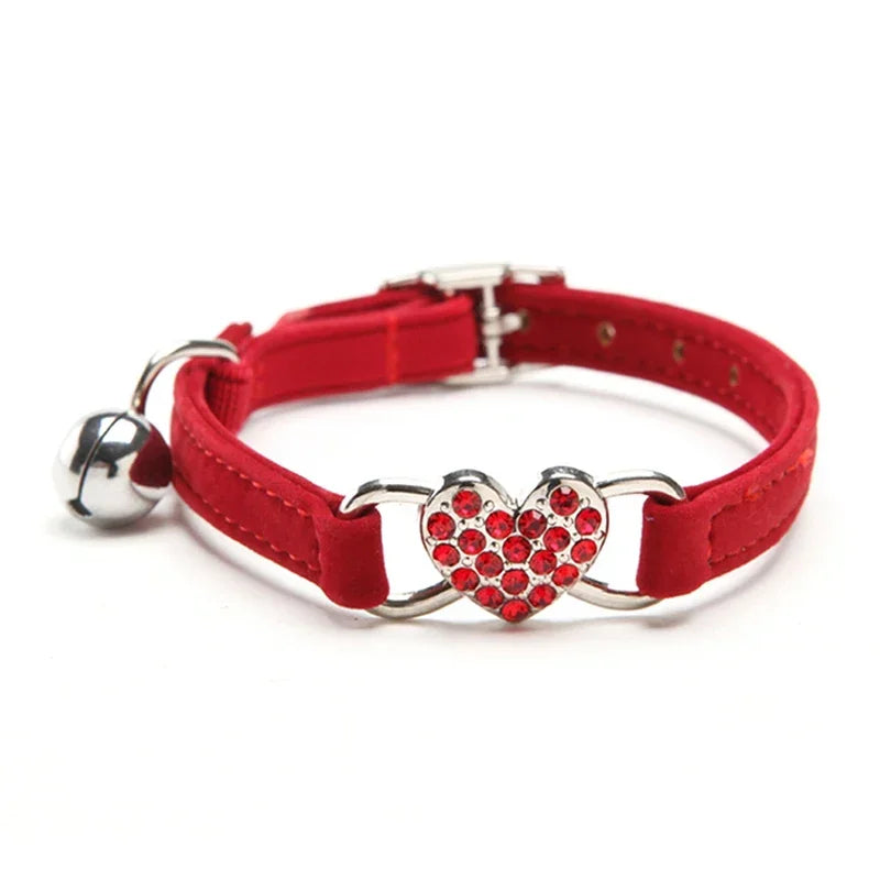 8 Colors Adjustable with Soft Velvet Material Pet Product Small Dog Collar Heart Charm and Bell Cat Collar Safety Elastic