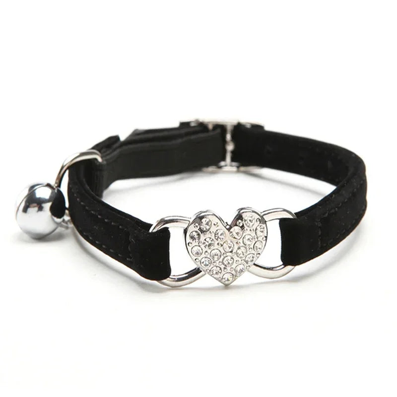 8 Colors Adjustable with Soft Velvet Material Pet Product Small Dog Collar Heart Charm and Bell Cat Collar Safety Elastic