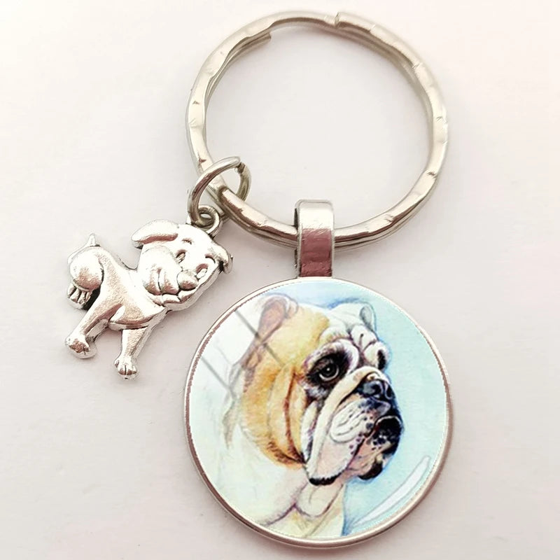 English Bulldog Keychain Charm, Handmade Craft Glass
