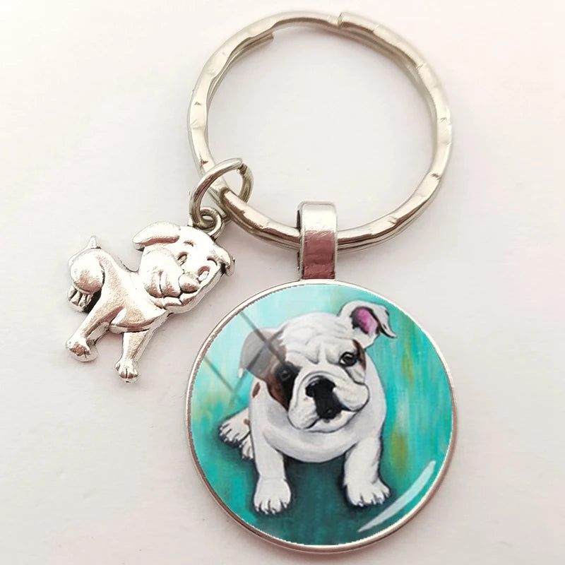 English Bulldog Keychain Charm, Handmade Craft Glass